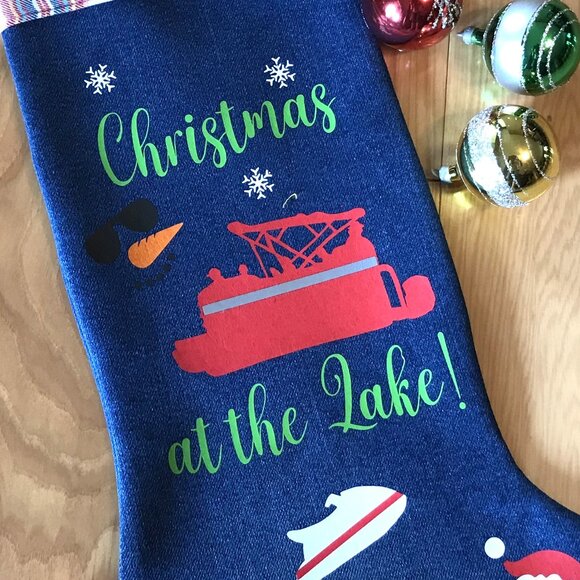 Denim Christmas Stocking: Lake House Christmas Decor, Pontoon Boating Fishing - Picture 4 of 8